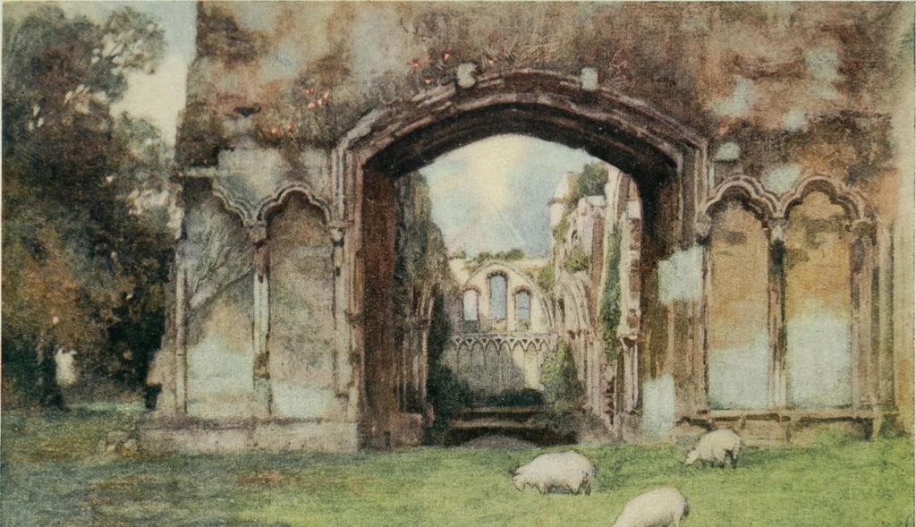 An illustration from The greater abbeys of England, with illustrations in colour after Warwick Goble, 1908, leaf 164