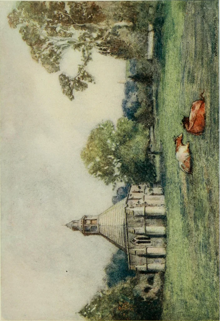 An illustration from The greater abbeys of England, with illustrations in colour after Warwick Goble, 1908, leaf 170