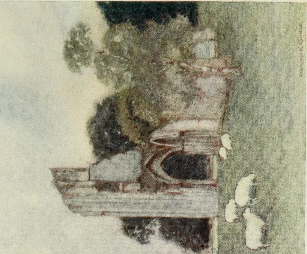 An illustration from The greater abbeys of England, with illustrations in colour after Warwick Goble, 1908, leaf 176
