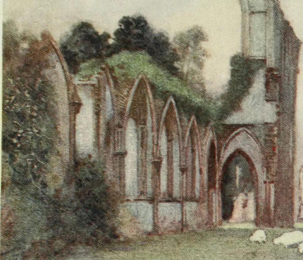 An illustration from The greater abbeys of England, with illustrations in colour after Warwick Goble, 1908, leaf 176