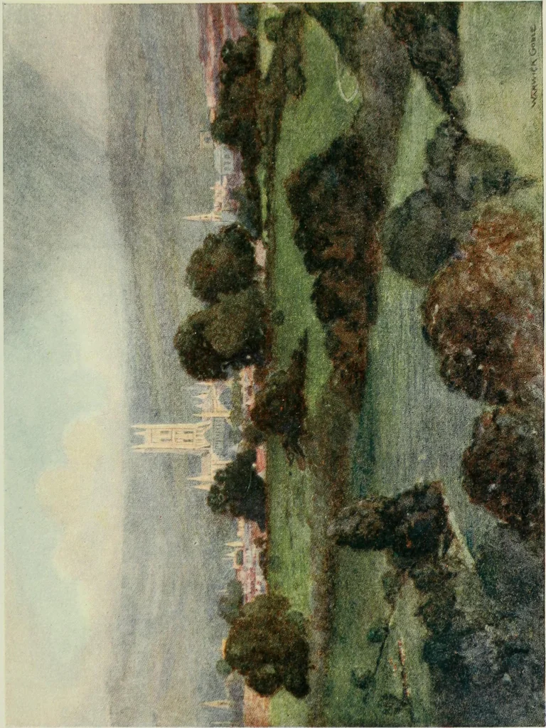 An illustration from The greater abbeys of England, with illustrations in colour after Warwick Goble, 1908, leaf 182
