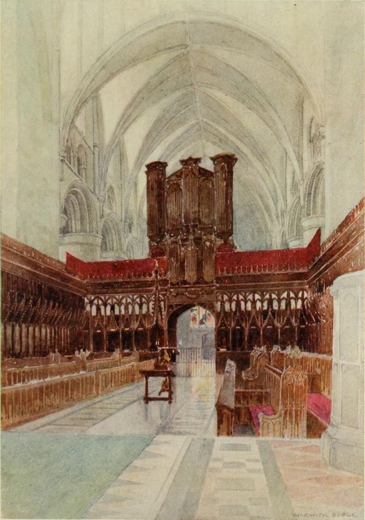 An illustration from The greater abbeys of England, with illustrations in colour after Warwick Goble, 1908, leaf 186