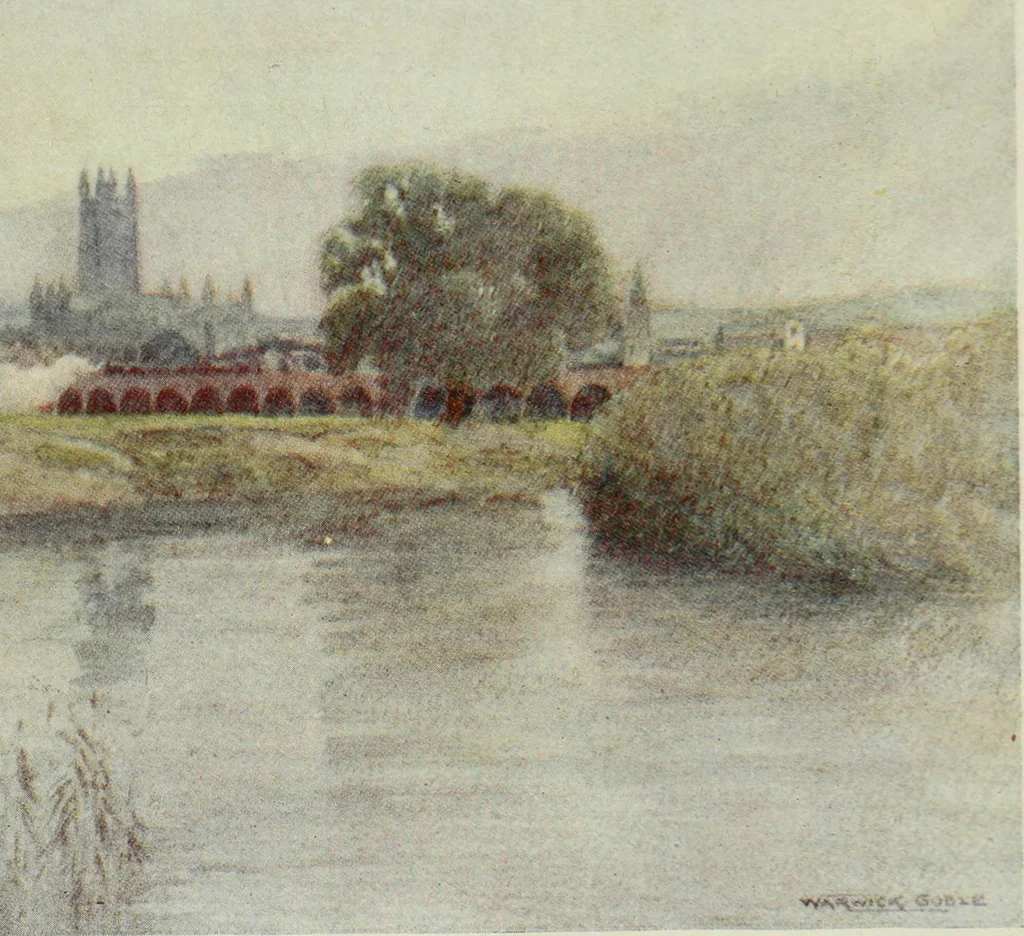 An illustration from The greater abbeys of England, with illustrations in colour after Warwick Goble, 1908, leaf 190