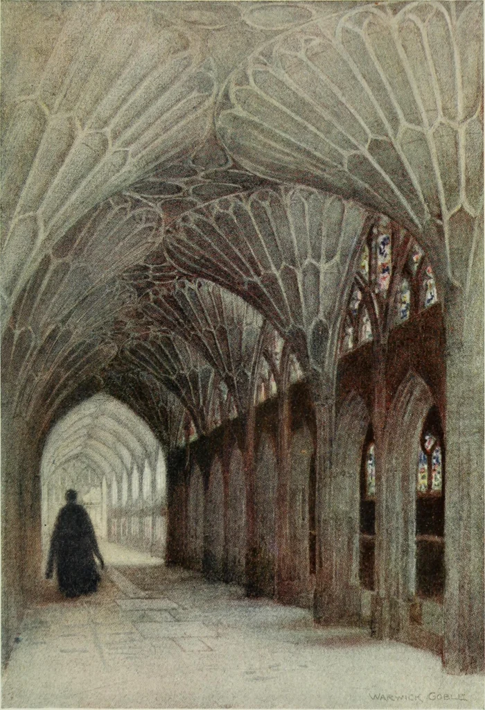 An illustration from The greater abbeys of England, with illustrations in colour after Warwick Goble, 1908, leaf 194
