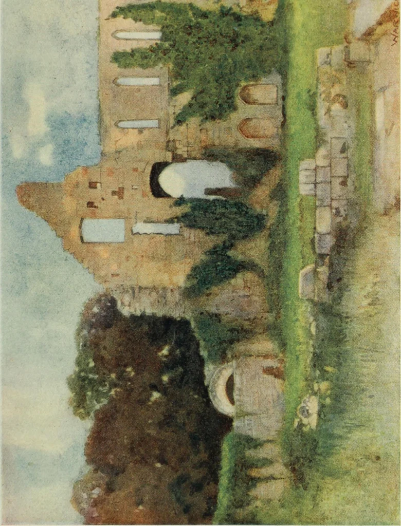 An illustration from The greater abbeys of England, with illustrations in colour after Warwick Goble, 1908, leaf 200