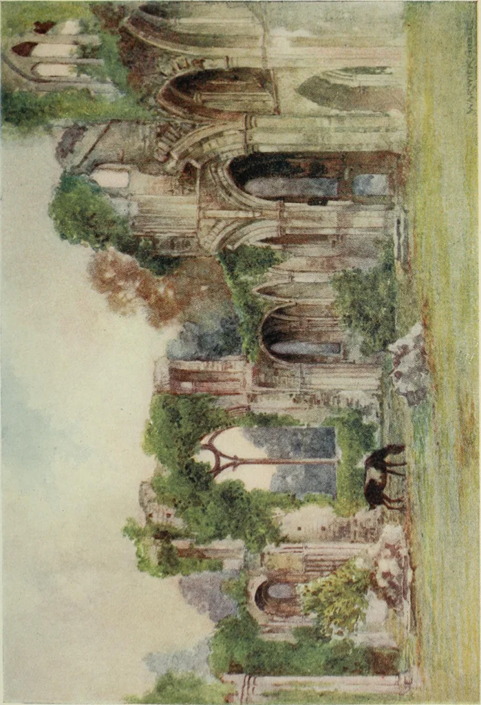 An illustration from The greater abbeys of England, with illustrations in colour after Warwick Goble, 1908, leaf 228