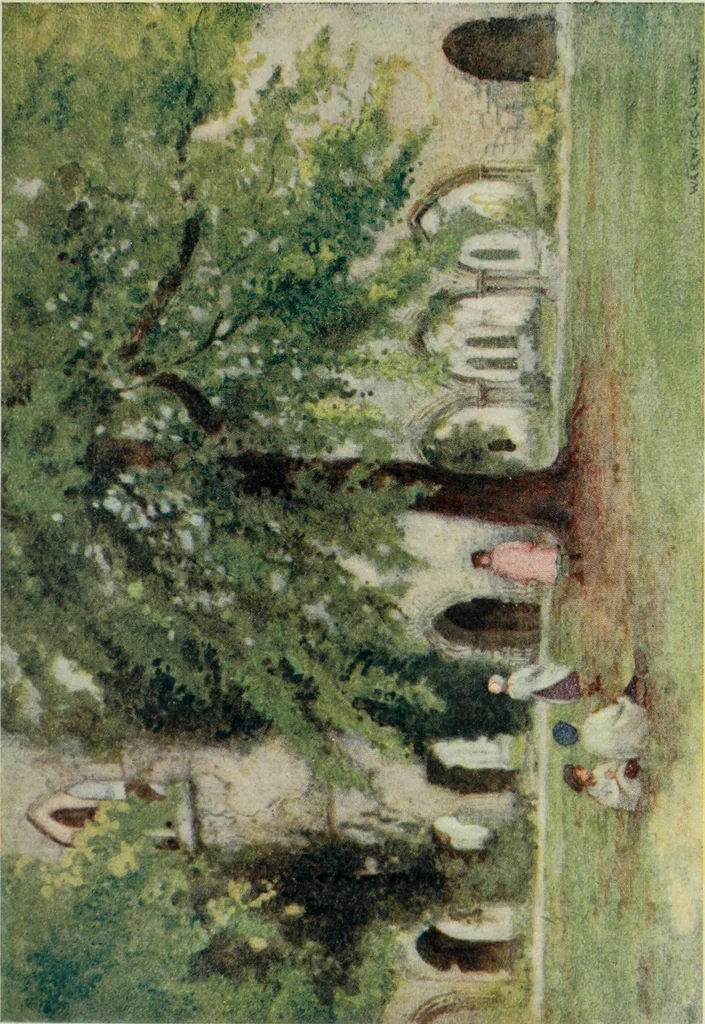 An illustration from The greater abbeys of England, with illustrations in colour after Warwick Goble, 1908, leaf 232