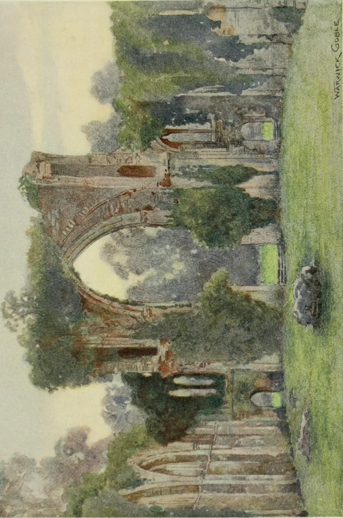 An illustration from The greater abbeys of England, with illustrations in colour after Warwick Goble, 1908, leaf 236