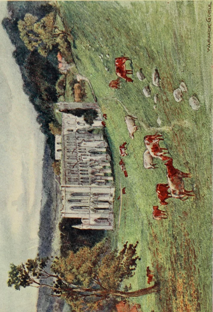 An illustration from The greater abbeys of England, with illustrations in colour after Warwick Goble, 1908, leaf 256
