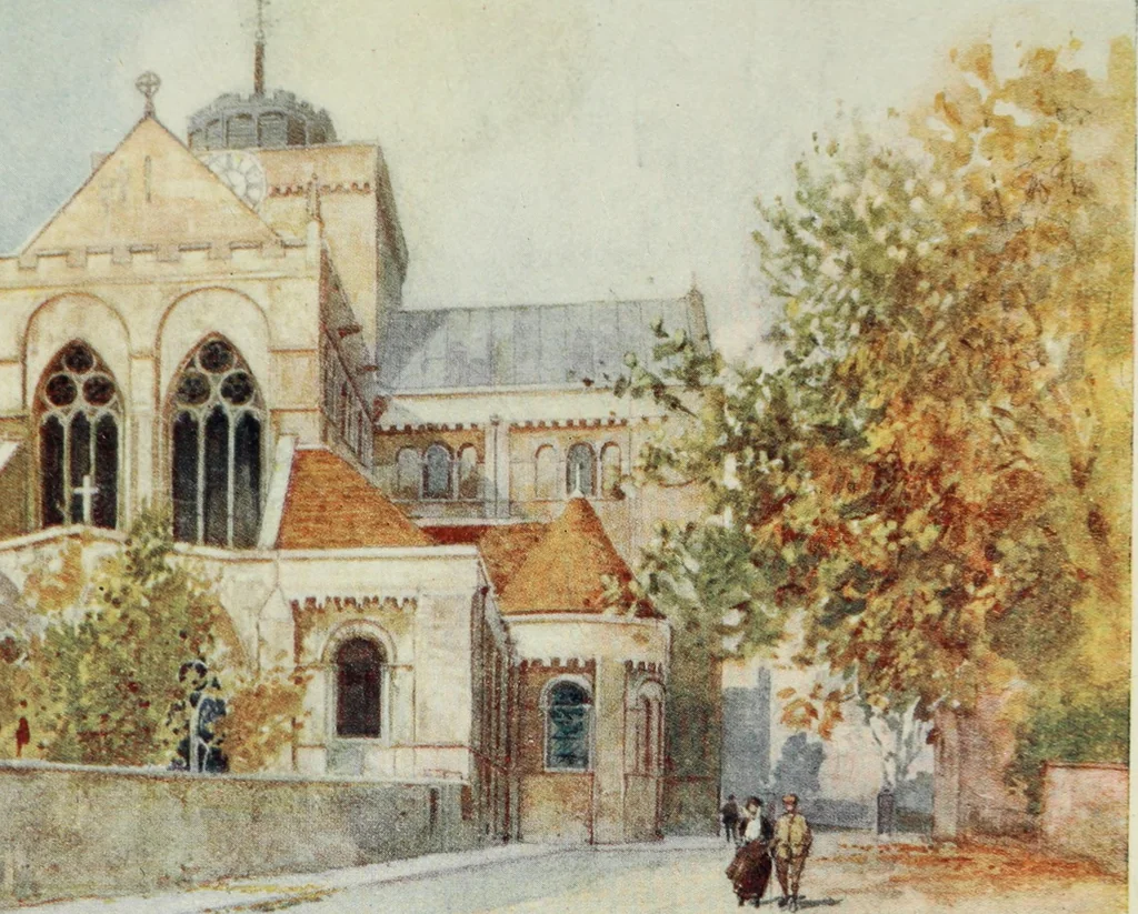 An illustration from The greater abbeys of England, with illustrations in colour after Warwick Goble, 1908, leaf 268