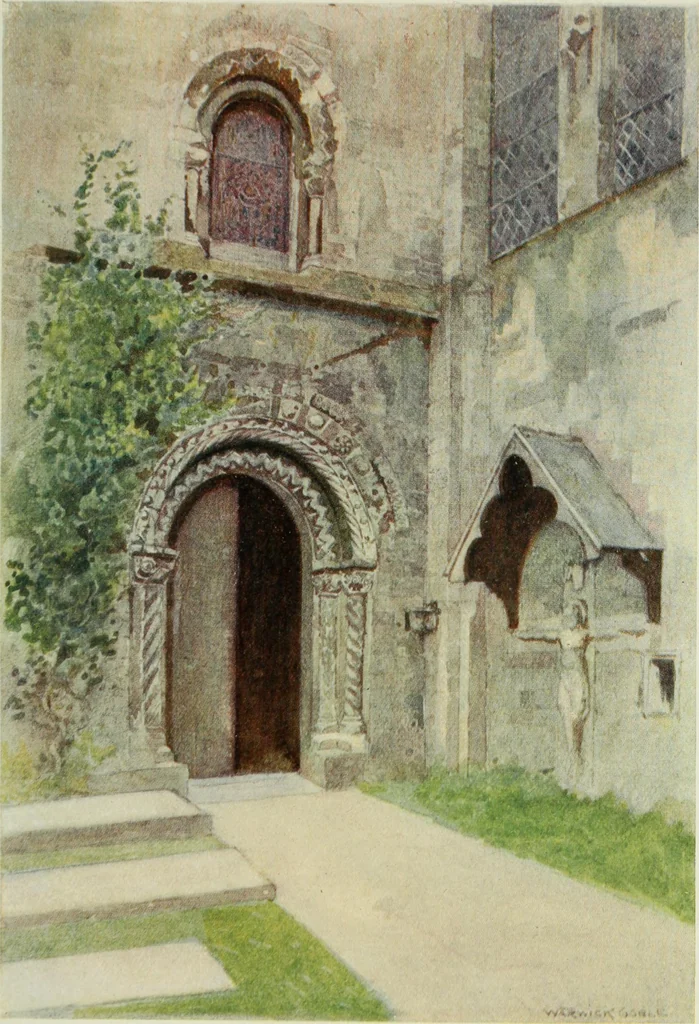 An illustration from The greater abbeys of England, with illustrations in colour after Warwick Goble, 1908, leaf 272