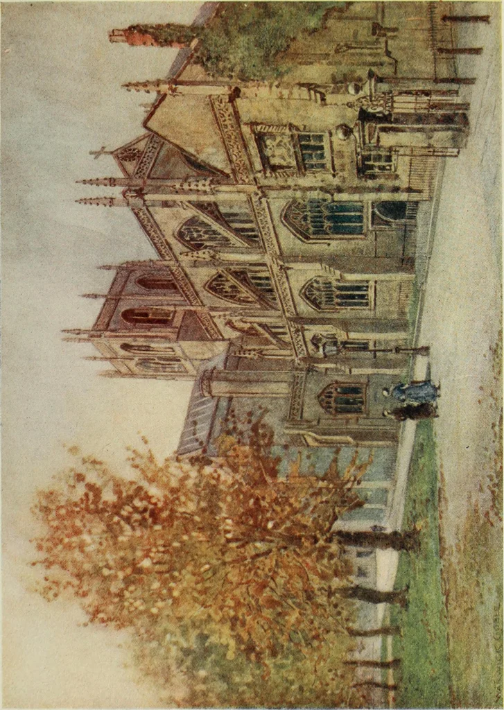 An illustration from The greater abbeys of England, with illustrations in colour after Warwick Goble, 1908, leaf 280
