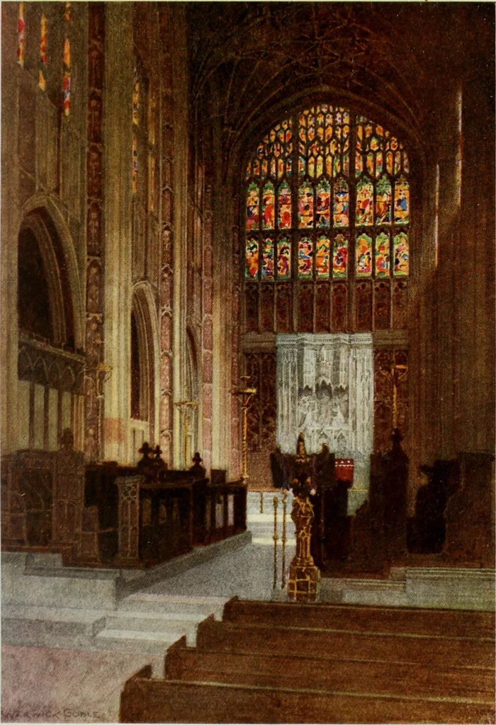 An illustration from The greater abbeys of England, with illustrations in colour after Warwick Goble, 1908, leaf 284