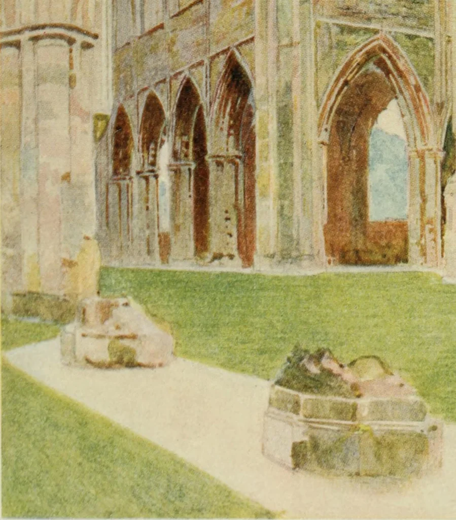 An illustration from The greater abbeys of England, with illustrations in colour after Warwick Goble, 1908, leaf 310