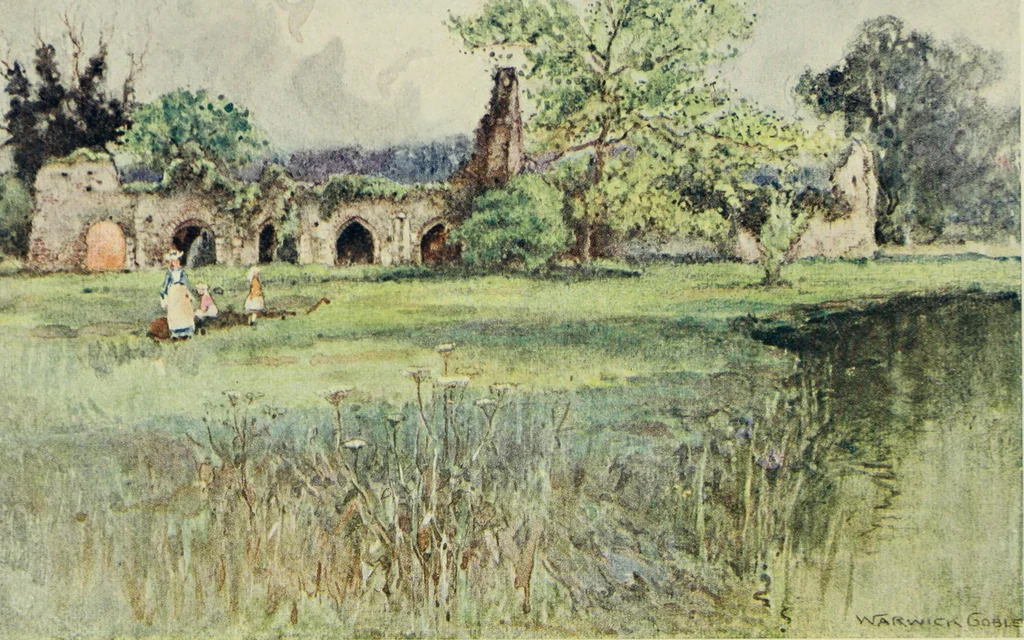 An illustration from The greater abbeys of England, with illustrations in colour after Warwick Goble, 1908, leaf 366