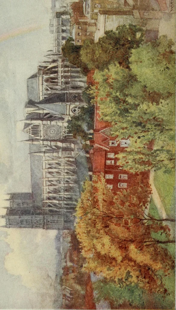 An illustration from The greater abbeys of England, with illustrations in colour after Warwick Goble, 1908, leaf 378