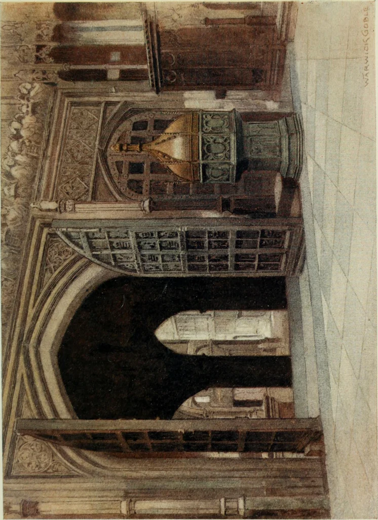 An illustration from The greater abbeys of England, with illustrations in colour after Warwick Goble, 1908, leaf 390