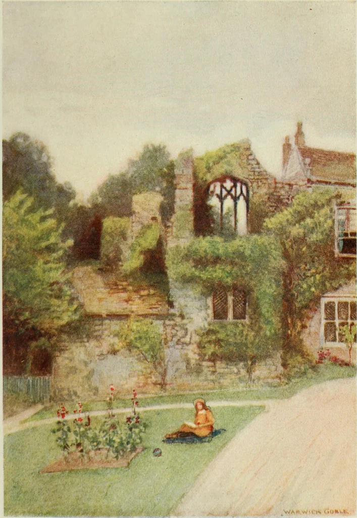 An illustration from The greater abbeys of England, with illustrations in colour after Warwick Goble, 1908, leaf 404