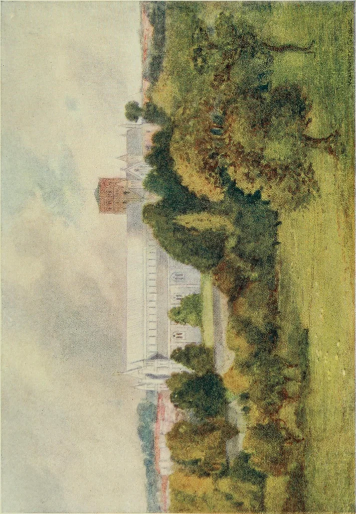 An illustration from The greater abbeys of England, with illustrations in colour after Warwick Goble, 1908, leaf 42