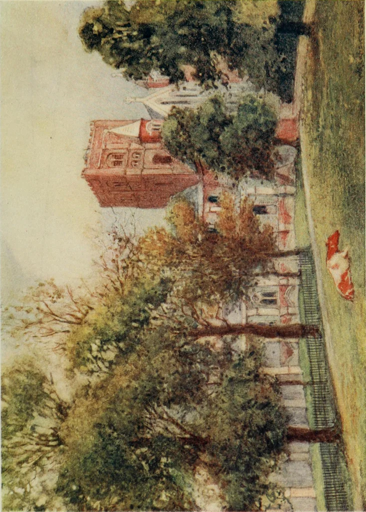 An illustration from The greater abbeys of England, with illustrations in colour after Warwick Goble, 1908, leaf 48