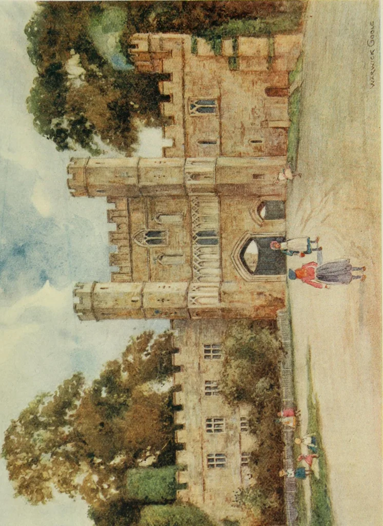 An illustration from The greater abbeys of England, with illustrations in colour after Warwick Goble, 1908, leaf 58