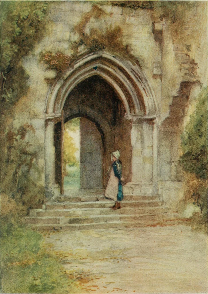 An illustration from The greater abbeys of England, with illustrations in colour after Warwick Goble, 1908, leaf 66
