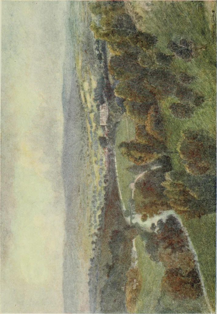 An illustration from The greater abbeys of England, with illustrations in colour after Warwick Goble, 1908, leaf 76