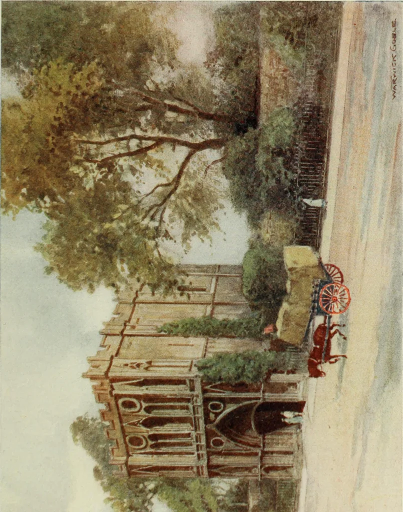An illustration from The greater abbeys of England, with illustrations in colour after Warwick Goble, 1908, leaf 86