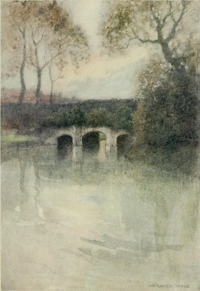 An illustration from The greater abbeys of England, with illustrations in colour after Warwick Goble, 1908, leaf 92