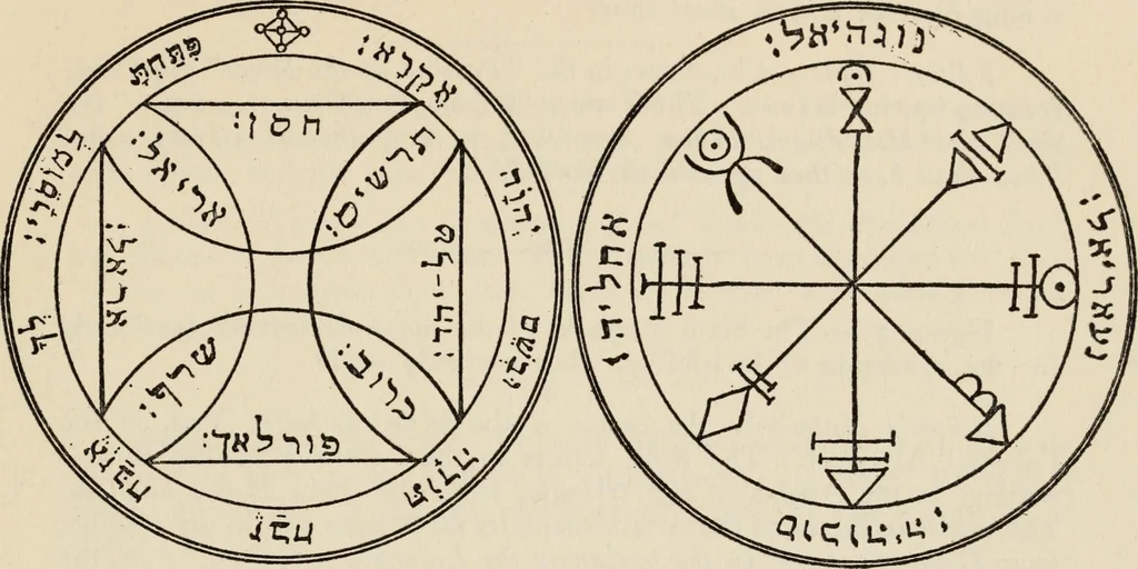 An illustration from The greater Key of Solomon : including a clear and precise exposition of King Solomon's secret procedure, its mysteries and magic rites : original plates, seals, charms and talismans : translated from the ancient manuscripts in the British Museum, London, 1914, leaf 97