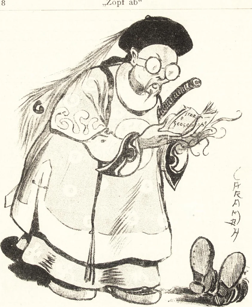 An illustration from "Zopf ab" : die chinesische Affaire im Lichte der europäischen Karikatur, 1900, leaf 11