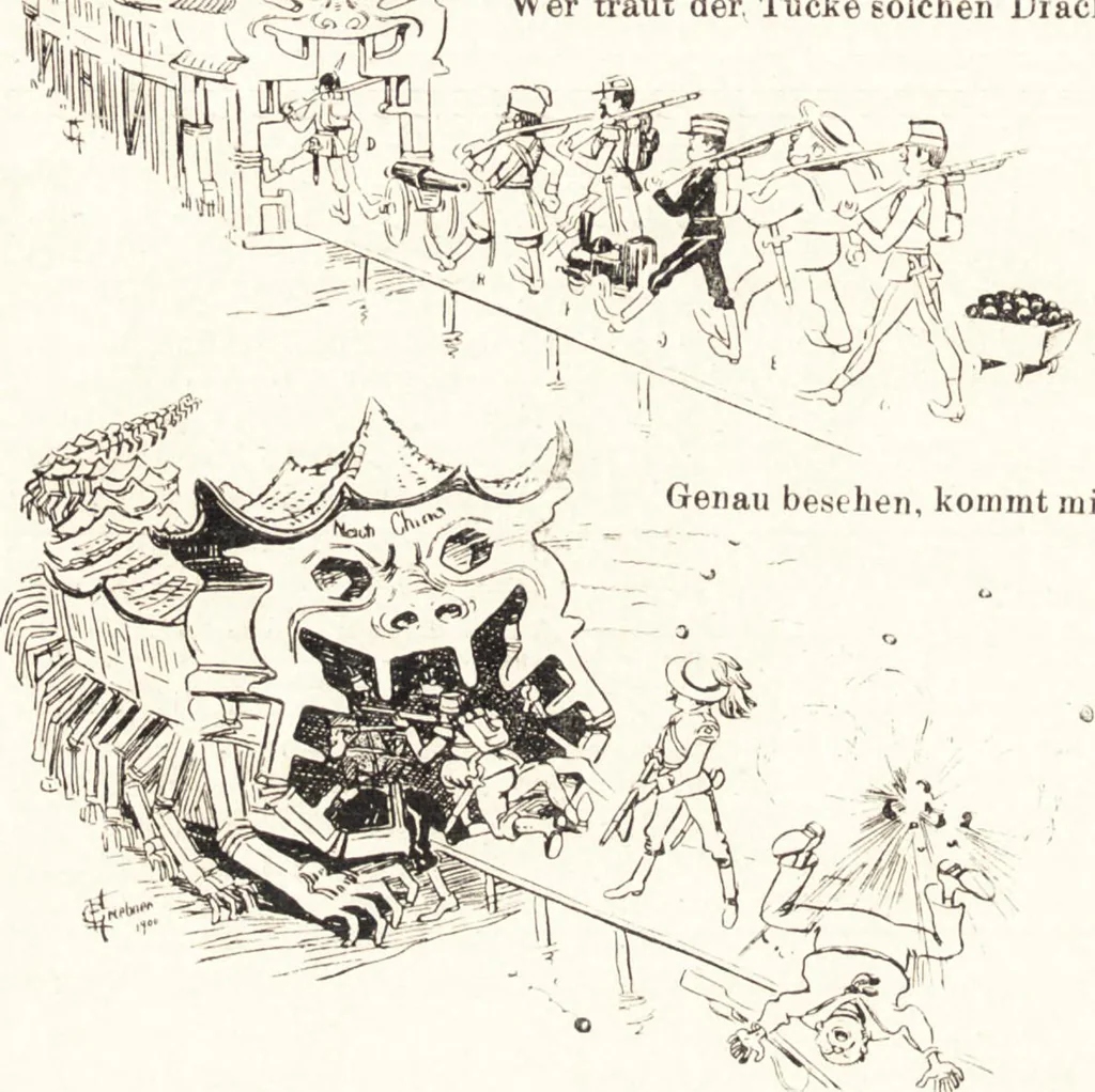 An illustration from "Zopf ab" : die chinesische Affaire im Lichte der europäischen Karikatur, 1900, leaf 13