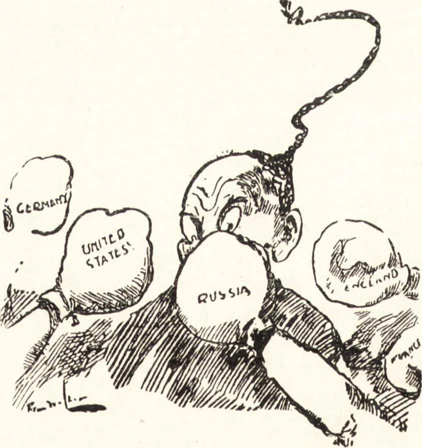 An illustration from "Zopf ab" : die chinesische Affaire im Lichte der europäischen Karikatur, 1900, leaf 13