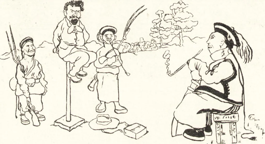 An illustration from "Zopf ab" : die chinesische Affaire im Lichte der europäischen Karikatur, 1900, leaf 15
