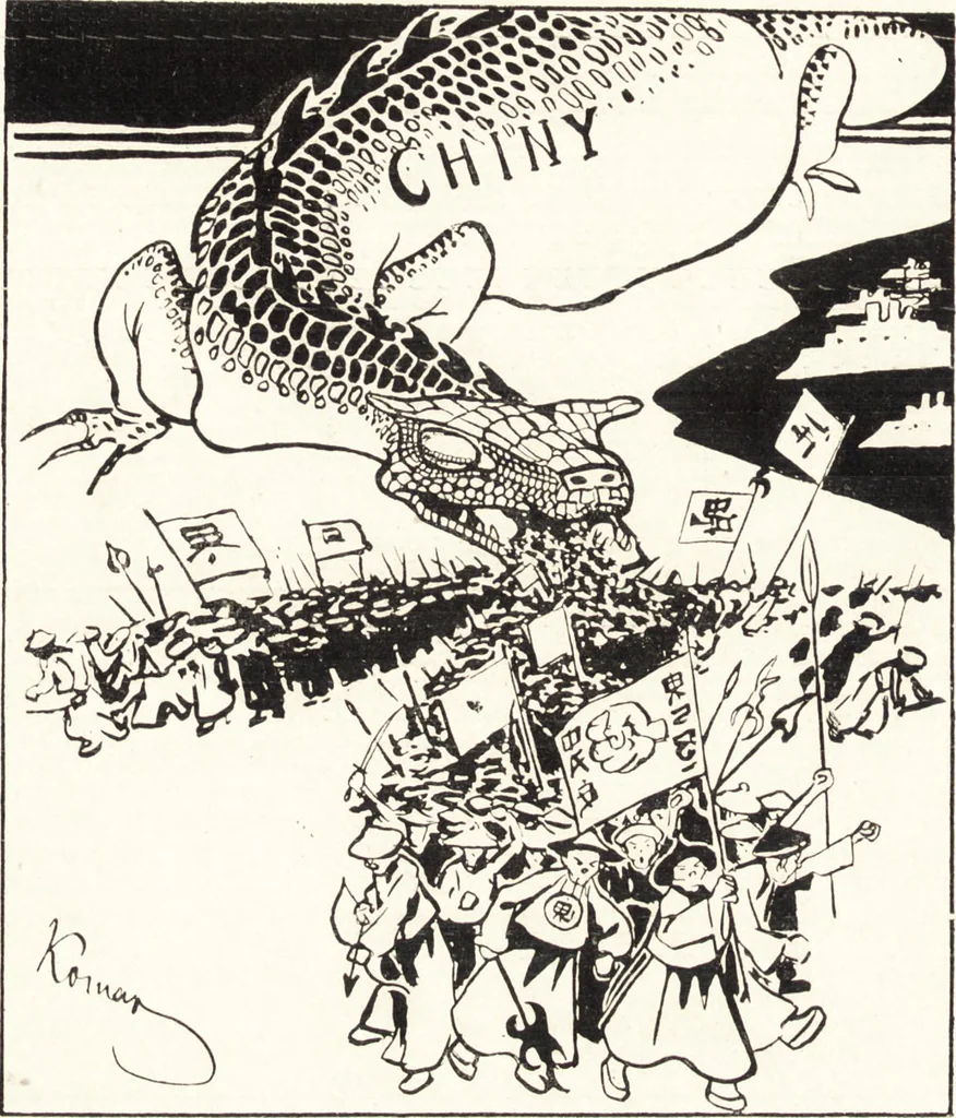 An illustration from "Zopf ab" : die chinesische Affaire im Lichte der europäischen Karikatur, 1900, leaf 17