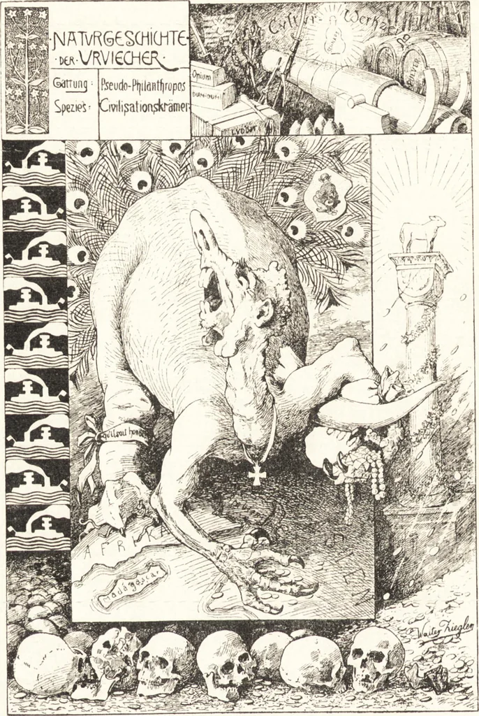 An illustration from "Zopf ab" : die chinesische Affaire im Lichte der europäischen Karikatur, 1900, leaf 19