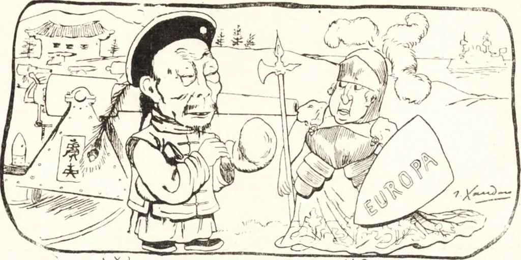 An illustration from "Zopf ab" : die chinesische Affaire im Lichte der europäischen Karikatur, 1900, leaf 20