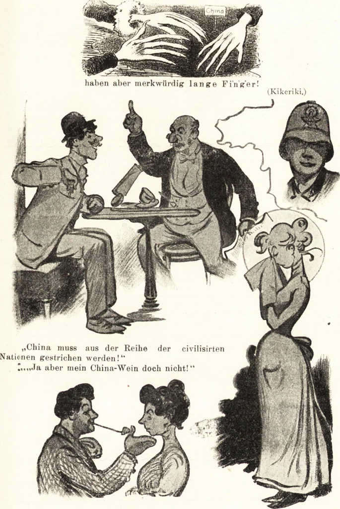 An illustration from "Zopf ab" : die chinesische Affaire im Lichte der europäischen Karikatur, 1900, leaf 24