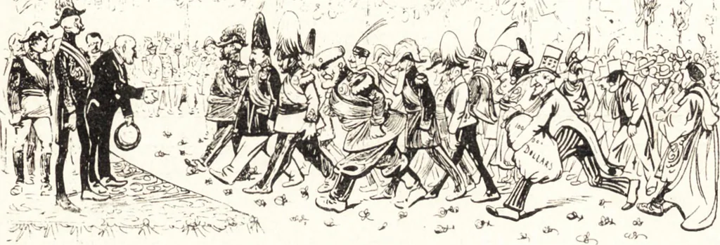 An illustration from "Zopf ab" : die chinesische Affaire im Lichte der europäischen Karikatur, 1900, leaf 26