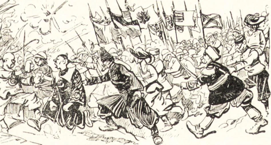 An illustration from "Zopf ab" : die chinesische Affaire im Lichte der europäischen Karikatur, 1900, leaf 26