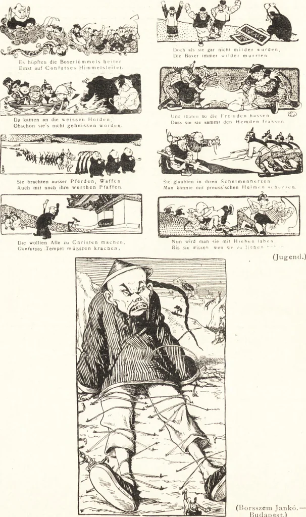 An illustration from "Zopf ab" : die chinesische Affaire im Lichte der europäischen Karikatur, 1900, leaf 35