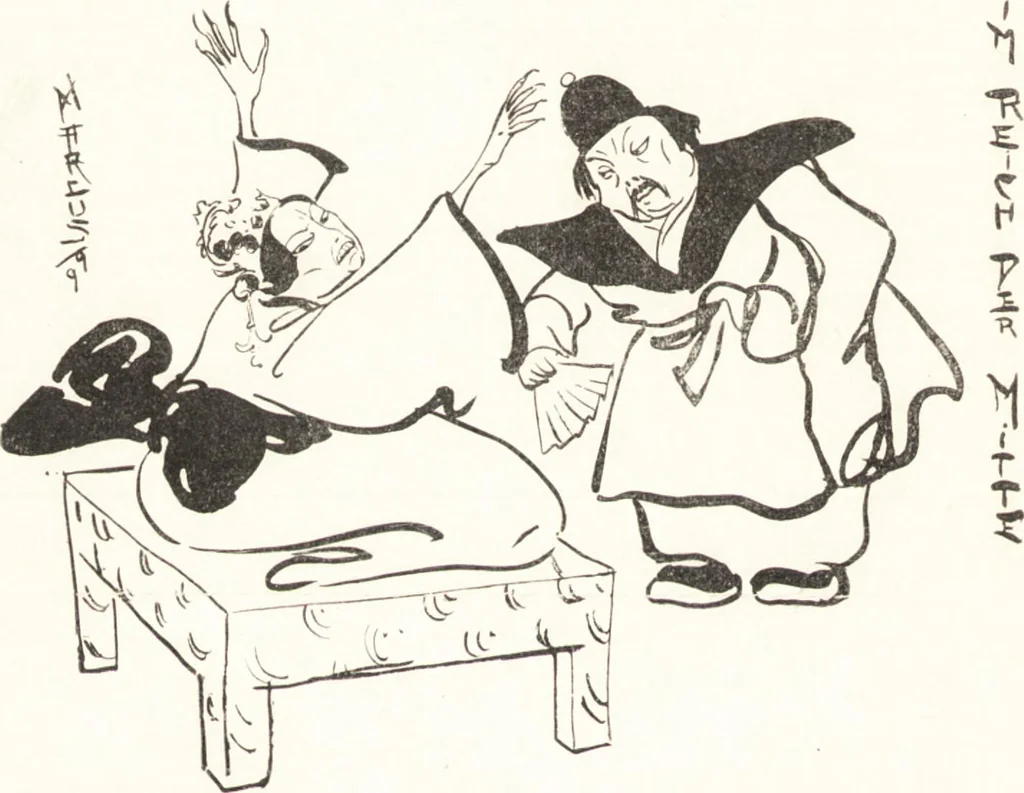 An illustration from "Zopf ab" : die chinesische Affaire im Lichte der europäischen Karikatur, 1900, leaf 37