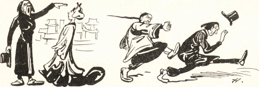 An illustration from "Zopf ab" : die chinesische Affaire im Lichte der europäischen Karikatur, 1900, leaf 38