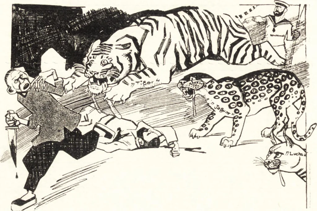 An illustration from "Zopf ab" : die chinesische Affaire im Lichte der europäischen Karikatur, 1900, leaf 39