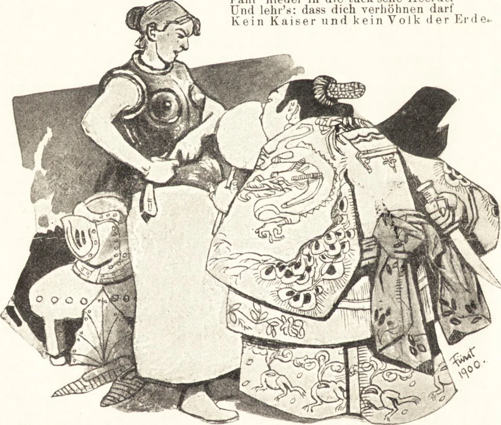An illustration from "Zopf ab" : die chinesische Affaire im Lichte der europäischen Karikatur, 1900, leaf 41