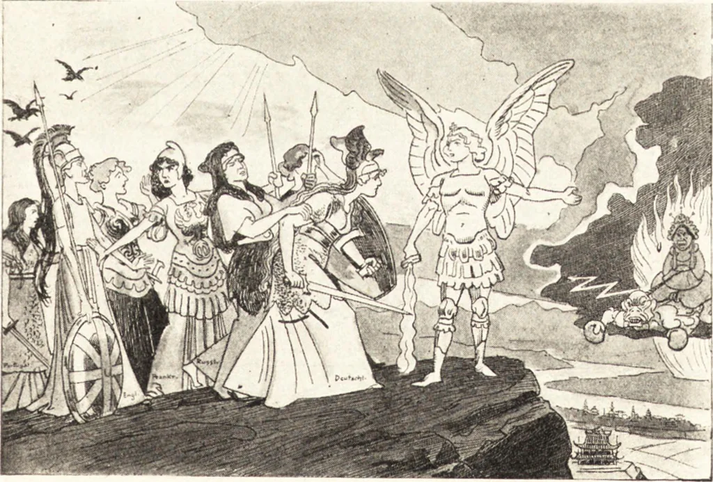 An illustration from "Zopf ab" : die chinesische Affaire im Lichte der europäischen Karikatur, 1900, leaf 44
