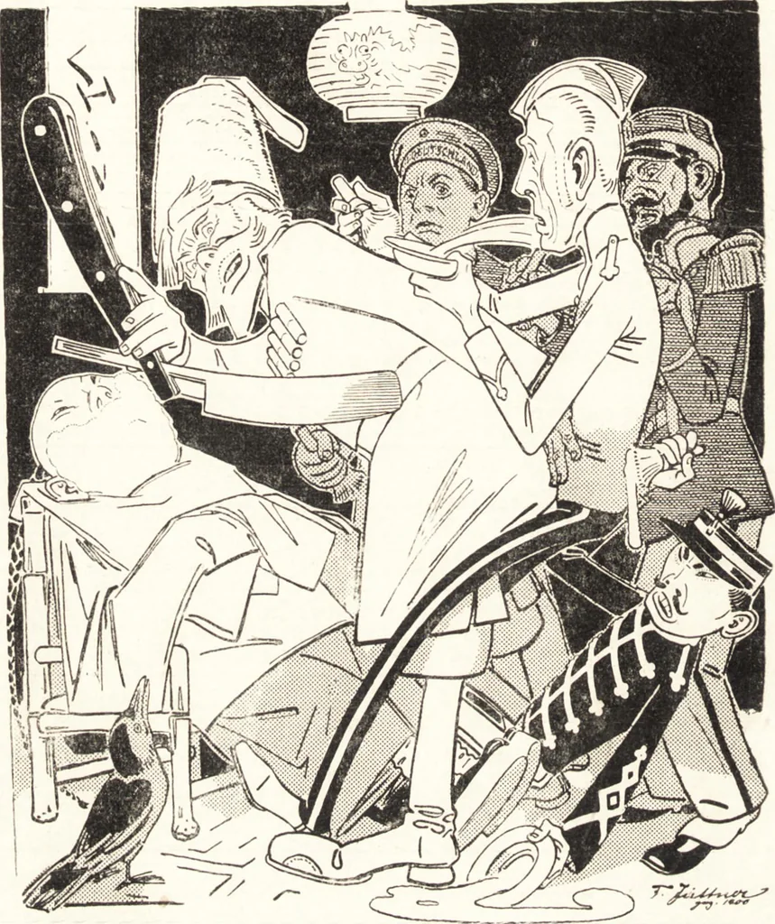An illustration from "Zopf ab" : die chinesische Affaire im Lichte der europäischen Karikatur, 1900, leaf 45