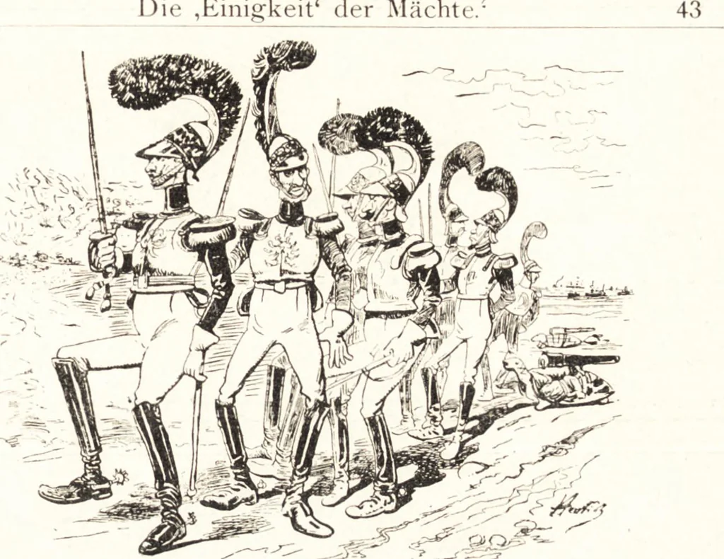 An illustration from "Zopf ab" : die chinesische Affaire im Lichte der europäischen Karikatur, 1900, leaf 46