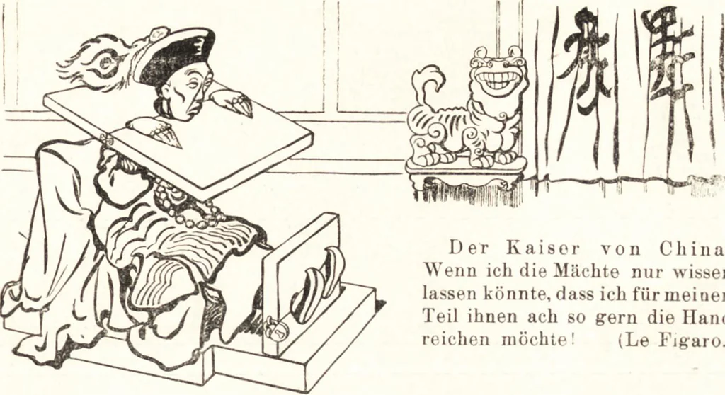 An illustration from "Zopf ab" : die chinesische Affaire im Lichte der europäischen Karikatur, 1900, leaf 50