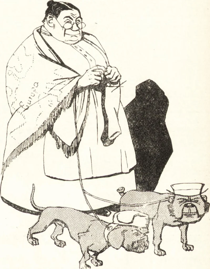 An illustration from "Zopf ab" : die chinesische Affaire im Lichte der europäischen Karikatur, 1900, leaf 50